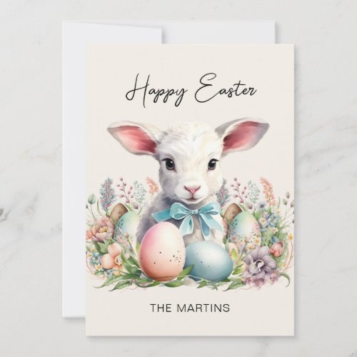 Vintage Happy Easter Lamb Pastel Eggs Holiday Card