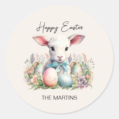Vintage Happy Easter Lamb Pastel Eggs Name Classic Round Sticker