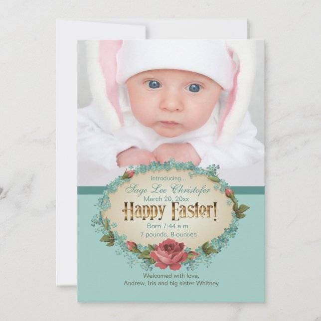 Vintage Happy Easter Photo Birth Announcement (Front)
