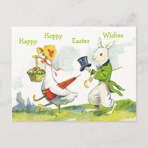 Vintage Happy Easter Postcard_Dressed Rabbit Duck Holiday Postcard