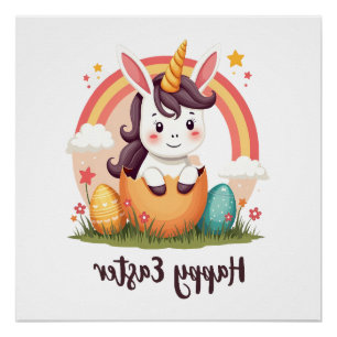 Vintage Happy Easter Unicorn Rainbow Egg Cute Kids Poster