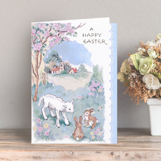 Vintage Happy Easter Wishes with Lamb & Bunnies Holiday Card