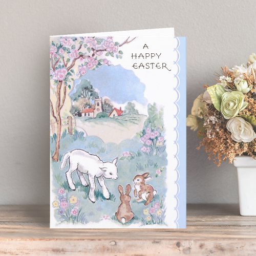Vintage Happy Easter Wishes with Lamb  Bunnies Holiday Card