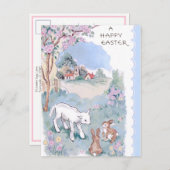 Vintage Happy Easter Wishes with Lamb & Bunnies Postcard (Front/Back)