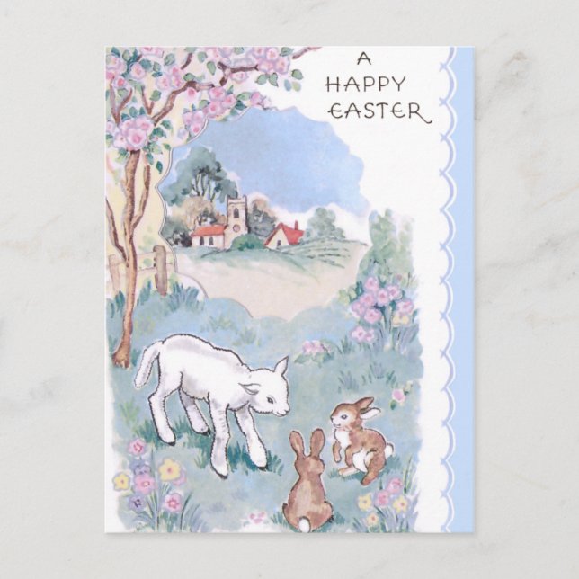 Vintage Happy Easter Wishes with Lamb & Bunnies Postcard (Front)