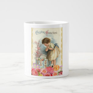 Vintage Happy Girl Easter Greeting Colored Eggs Large Coffee Mug