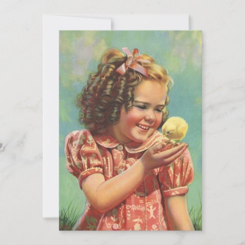 Vintage Happy Girl with Baby Chick Birthday Party Invitation