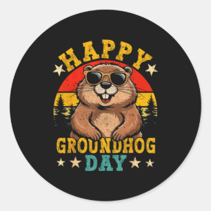 Vintage Happy Groundhog Day Animal Lover Men Women Classic Round Sticker