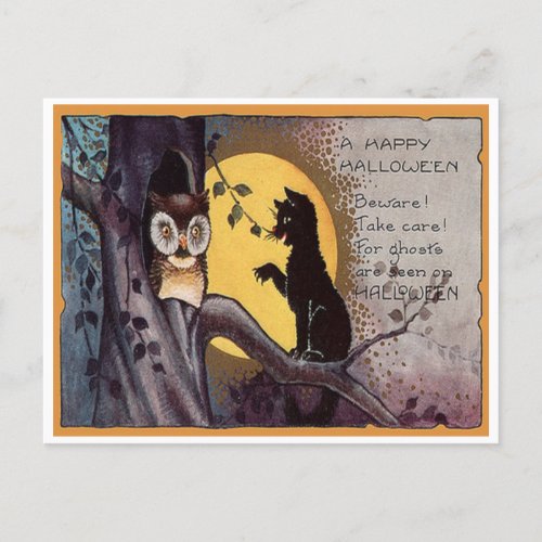 Vintage Happy Halloween Black Cat on a Branch Postcard