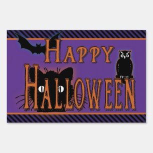Vintage Happy Halloween Black Cat Yard Sign