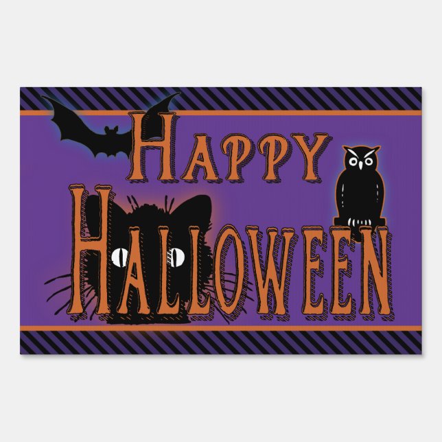 Vintage Happy Halloween Black Cat Yard Sign (Front)