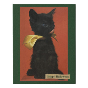 Vintage Happy Halloween Black Kitten with Gold Bow Faux Canvas Print