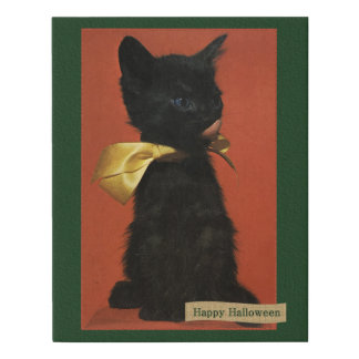 Vintage Happy Halloween Black Kitten with Gold Bow Faux Canvas Print
