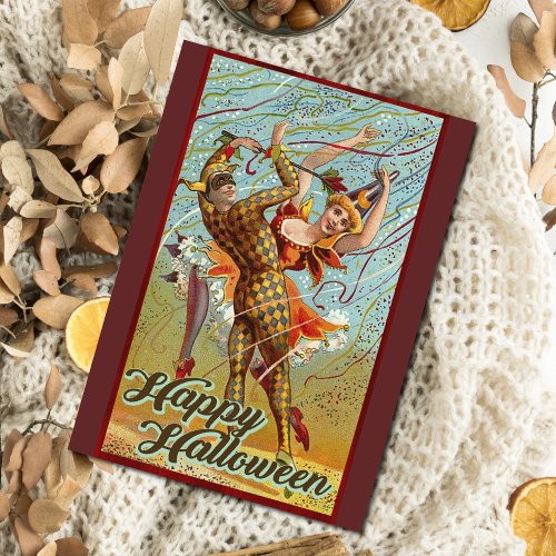 Vintage Happy Halloween Dancing in Jester Costume Postcard