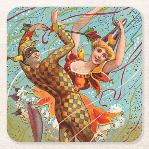 Vintage Happy Halloween Dancing in Jester Costume Square Paper Coaster