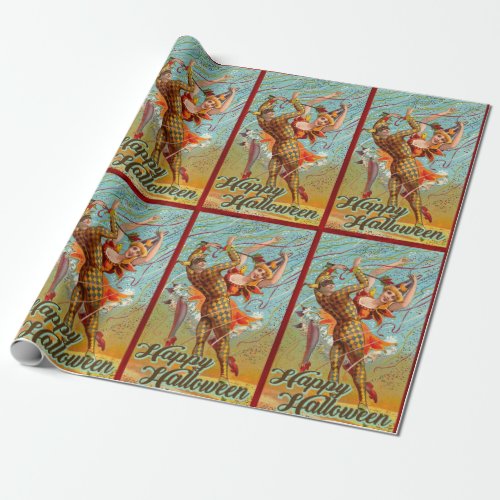 Vintage Happy Halloween Dancing in Jester Costume Wrapping Paper