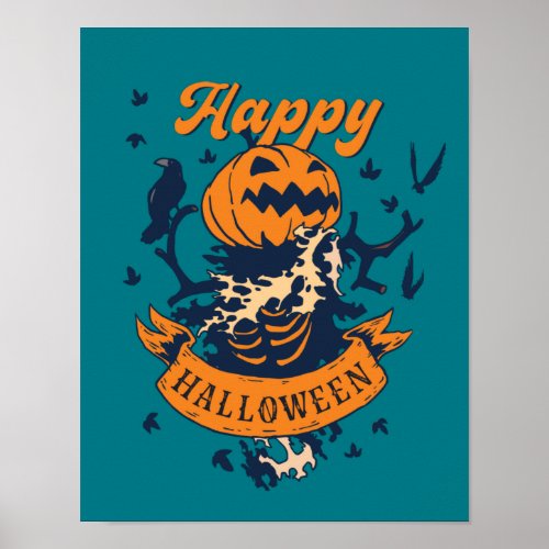 Vintage Happy Halloween Graphic Jack O Lantern Poster