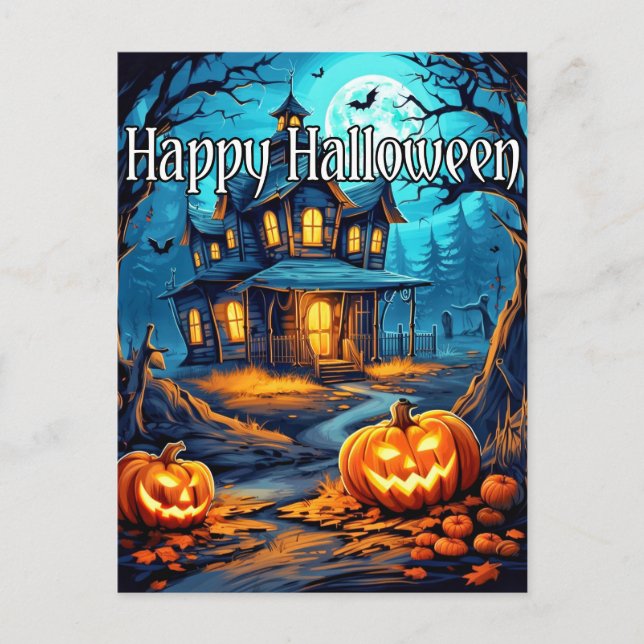Vintage Happy Halloween Haunted House Postcard (Front)