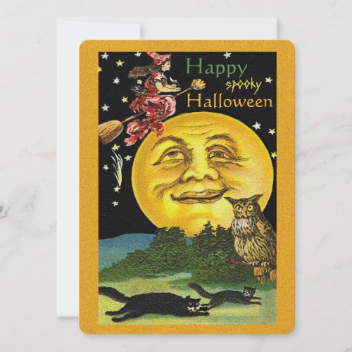 Vintage Happy Halloween Moon Witch Owl  Cats Card