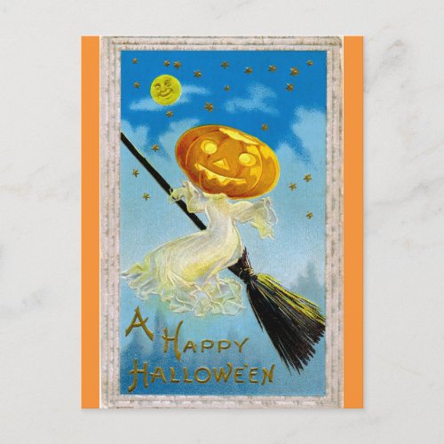 Vintage Happy Halloween Pumpkin Witch Postcard