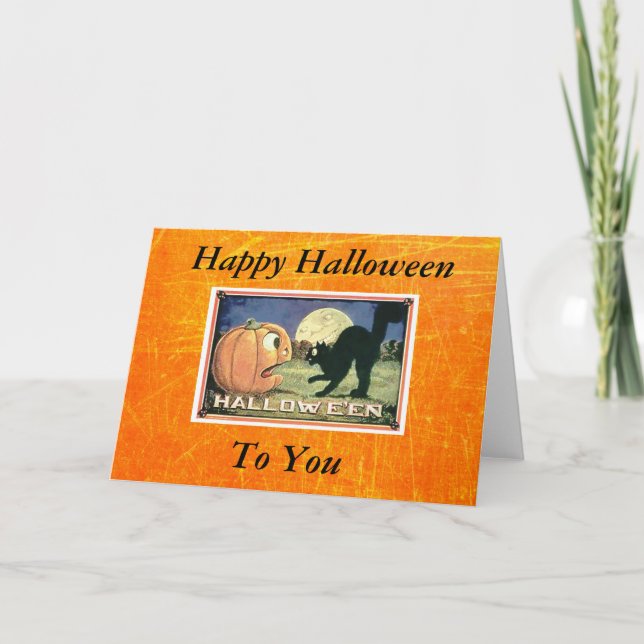 Vintage Happy Halloween Pumpkin with Black Cat Card (Front)