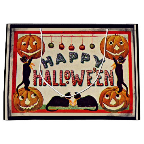 Vintage Happy Halloween Pumpkins Black Cats Large Gift Bag