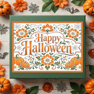 Vintage Happy Halloween Pumpkins White Florals Art Rectangular Sticker