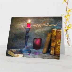 Vintage Happy Halloween Red Candle & Old Books Card