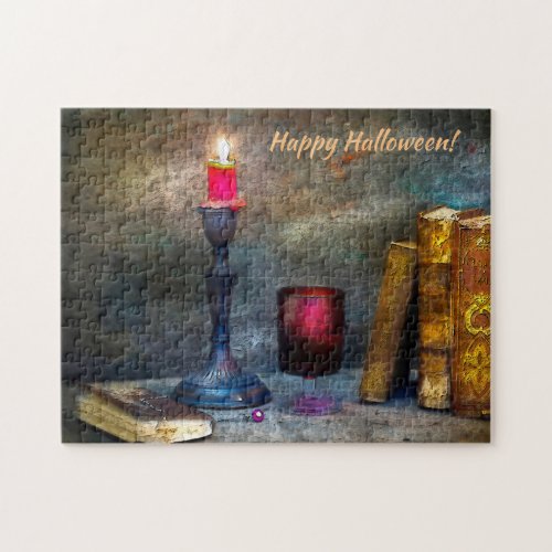 Vintage Happy Halloween Red Candle  Old Books Jigsaw Puzzle