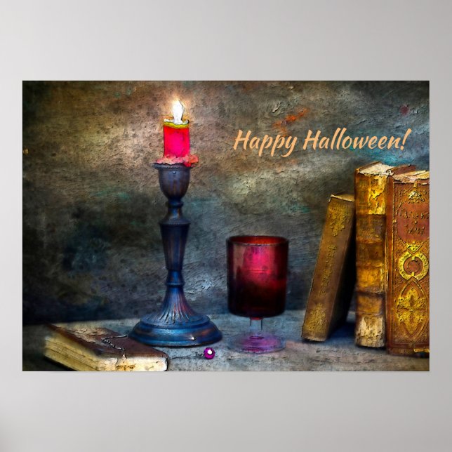 Vintage Happy Halloween Red Candle & Old Books Poster (Front)