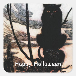 Vintage Happy Halloween Spooky Cat Arthur Rackham Square Sticker