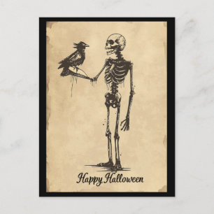 Vintage Happy Halloween Spooky Skeleton Black Bird Postcard
