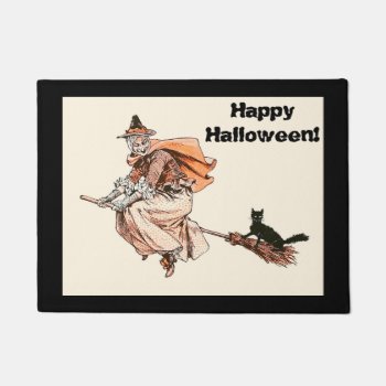 Vintage - Happy Halloween Witch & Black Cat  Doormat by AsTimeGoesBy at Zazzle