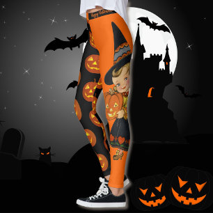 Vintage Happy Halloween Witch w Pumpkin Fun Party Leggings