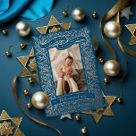 Vintage Happy Hanukkah Holiday Photo Foil Card<br><div class="desc">Real foil Happy Hanukkah banner with illustrated branches framing a portrait photo. Choose the frame color,  svg layer. Choose your foil color: gold,  silver or rose gold,  and backer color. Add more photos to the back or write a message.</div>