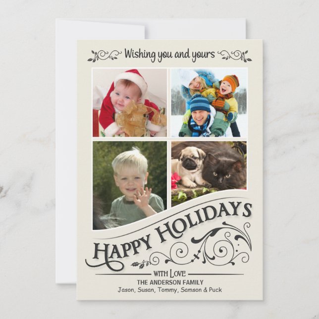 Vintage Happy Holidays 4-Photo Flat Card (Front)