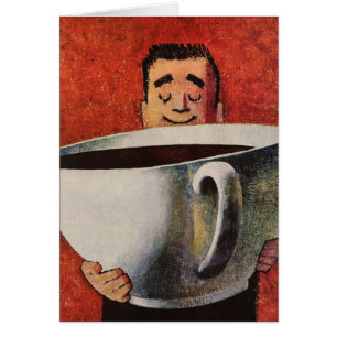 Vintage Happy Man Drinking Giant Cup of Coffee Cards