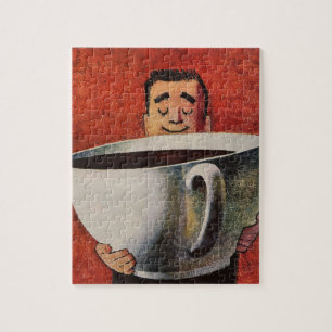 Vintage Happy Man Drinking Giant Cup of Coffee Jigsaw Puzzle