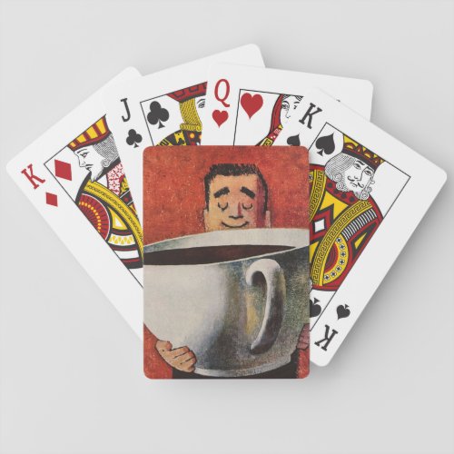 Vintage Happy Man Drinking Giant Cup of Coffee Playing Cards