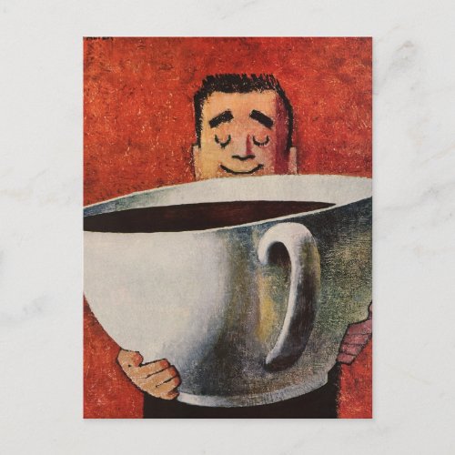 Vintage Happy Man Drinking Giant Cup of Coffee Postcard