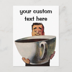 Vintage Happy Man Drinking Giant Cup of Coffee Postcard