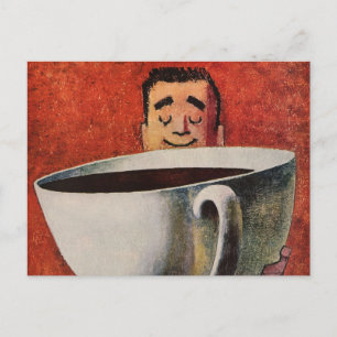 Vintage Happy Man Drinking Giant Cup of Coffee Postcard