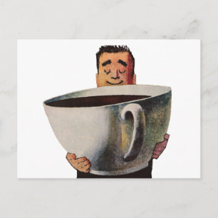 Vintage Happy Man Drinking Giant Cup of Coffee Postcard