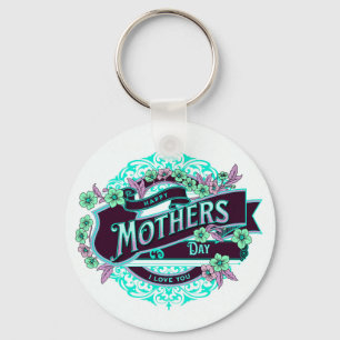 Vintage Happy Mother's Day Green Purple Floral Keychain