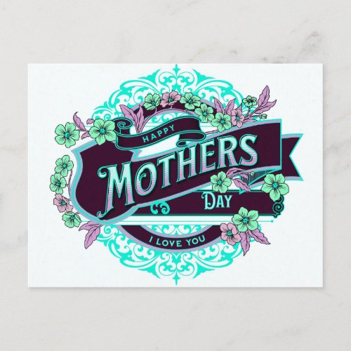 Vintage Happy Mothers Day Green Purple Floral Postcard