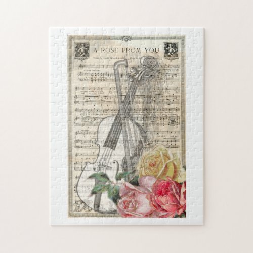 Vintage Happy Mothers Day Violin Music w Roses Jigsaw Puzzle