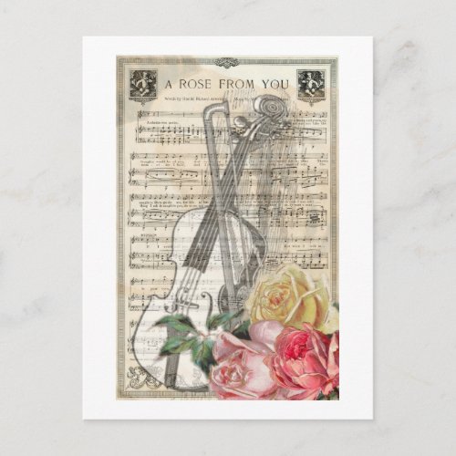 Vintage Happy Mothers Day Violin Music w Roses Postcard