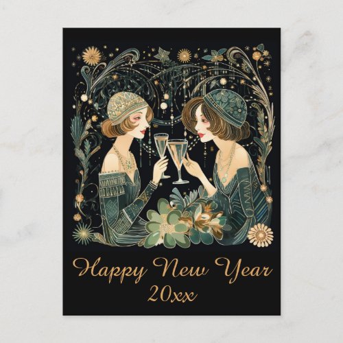 Vintage Happy New Year Art Deco Ladies Postcard