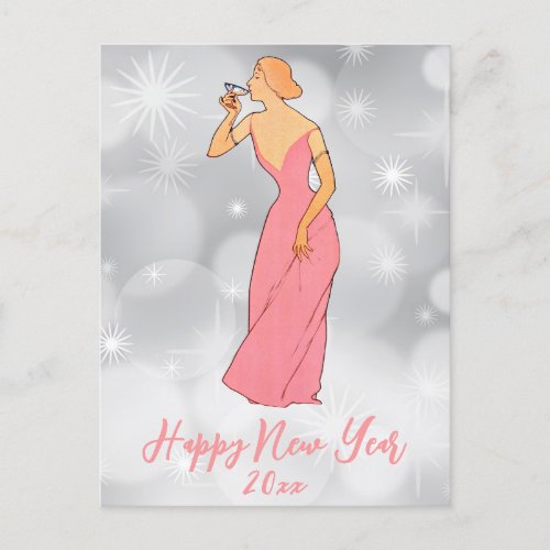 Vintage Happy New Year Art Deco Lady Postcard