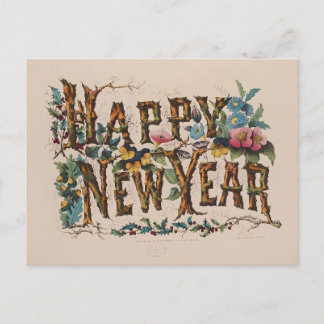 Vintage "Happy New Year" Botanical Lettering Postcard